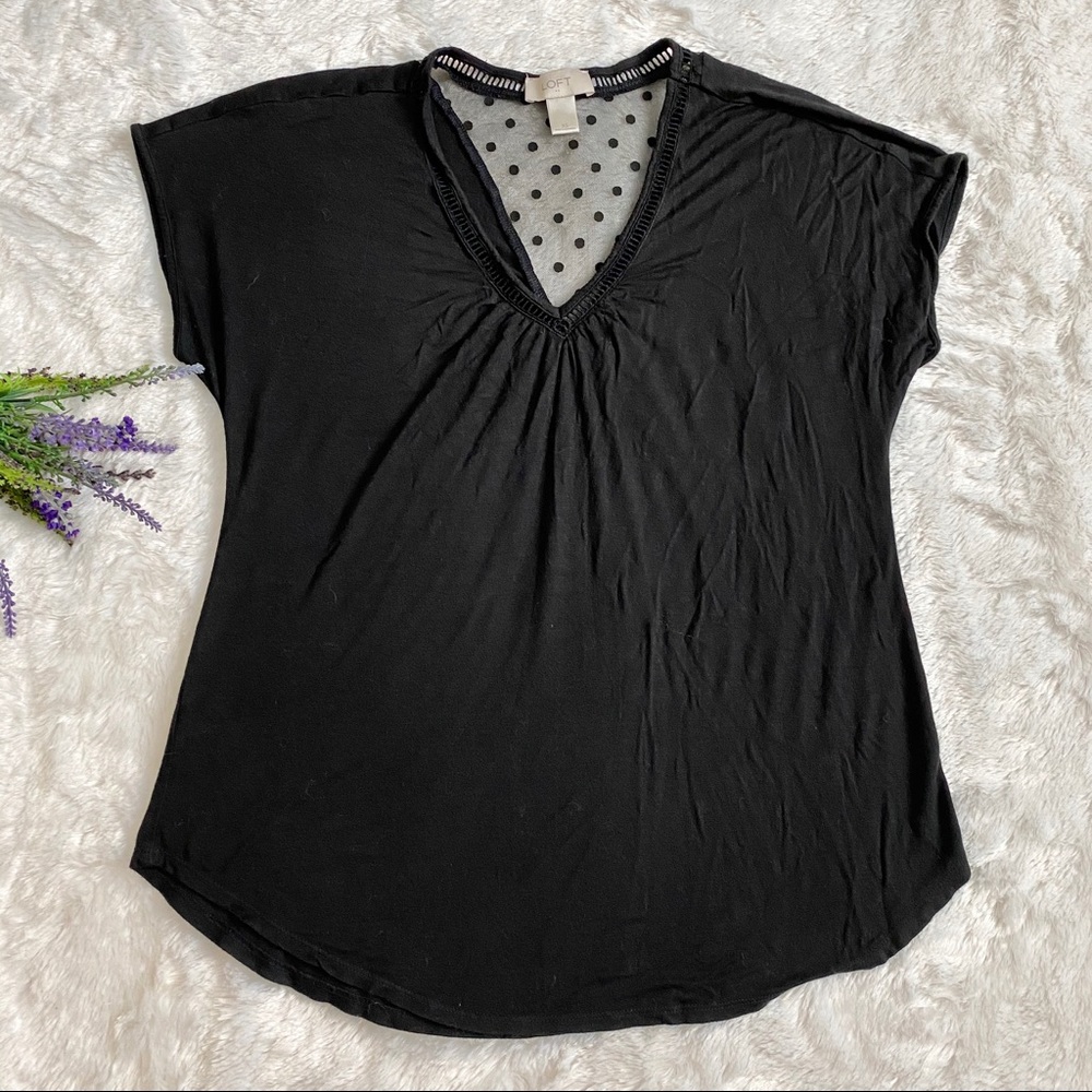 LOFT Black Polka Dot Mesh Detail Short Sleeve Top